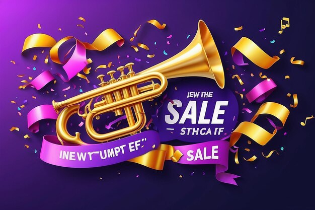 Ofertas especiais pop-up anúncios com streamers voando para fora de trombetas e venda final escrito em fita vermelha para publicidade