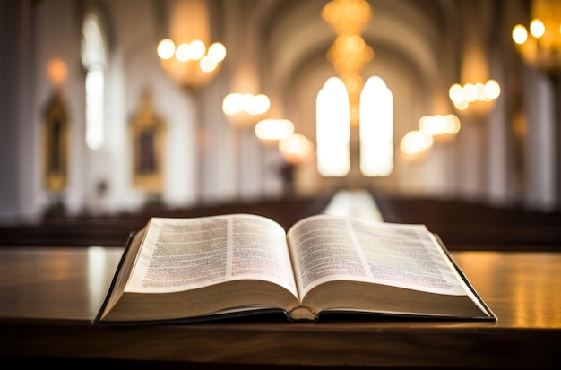 Offene Bibel auf dem Altar einer Kirche mit verschwommenem Hintergrund