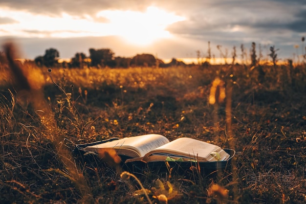 Offene Bibel auf dem Feld bei Sonnenuntergang