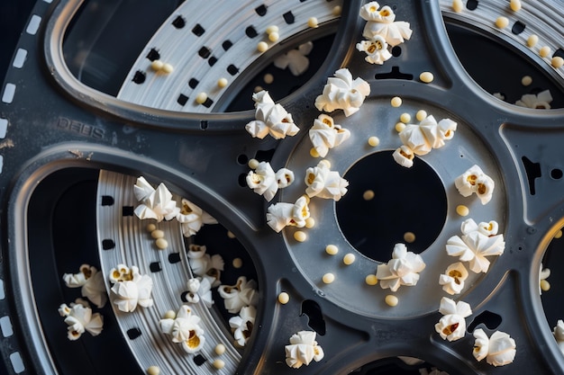 Offene Filmrolle mit Popcornkerne, die in den Getriebe geflossen sind