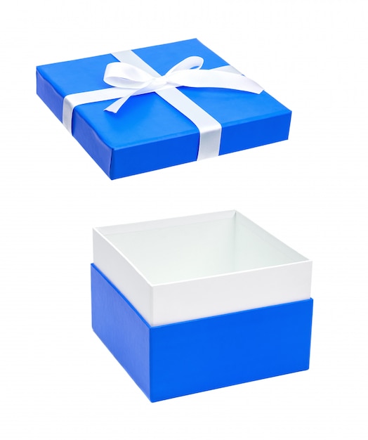 Offene Geschenkbox des Blaus mit weißem Bogen