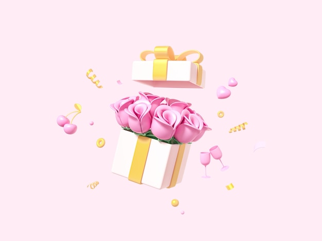 Offene Geschenkbox mit Rosenblüten minimales Überraschungspaket auf pinkfarbenem Hintergrund Metapher zur Feier, die das Konzept der Feiertage und Geschenke der Hochzeitsfrauen zum Jubiläum 3D-Render enthüllt