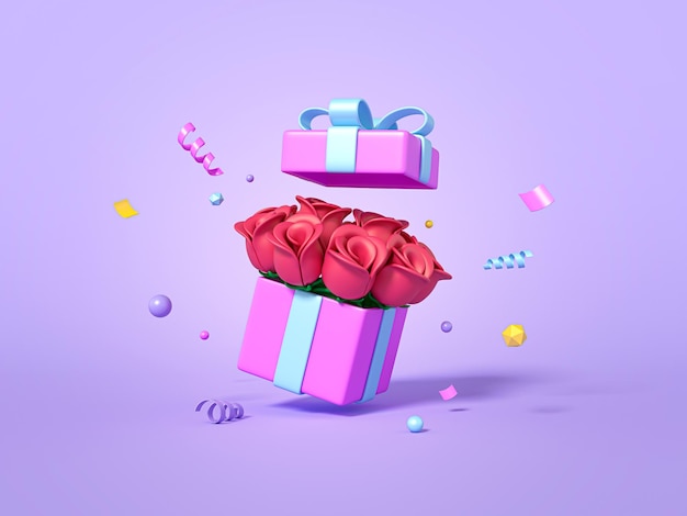 Offene Geschenkbox mit Rosenblüten minimales Überraschungspaket auf violettem Hintergrund 3D-Render