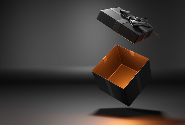 Offene Geschenkkiste oder Geschenkkiste mit rotem Band und Bogen auf schwarzem Hintergrund mit Schatten 3D-Rendering