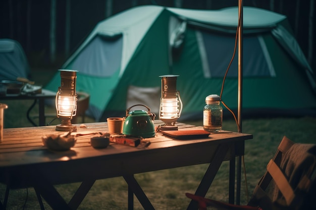 Offene Lagerzelte im Freien verfügen über offene Lagerzelte im Freien mit Planen oder Mängeln auf dem Rasenplatz mit dunkelblauem Himmel in der Dämmerung, Familienurlaub und Picknicks während der Ferien und Familientouristen beim Camping