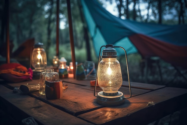 Offene Lagerzelte im Freien verfügen über offene Lagerzelte im Freien mit Planen oder Mängeln auf dem Rasenplatz mit dunkelblauem Himmel in der Dämmerung, Familienurlaub und Picknicks während der Ferien und Familientouristen beim Camping