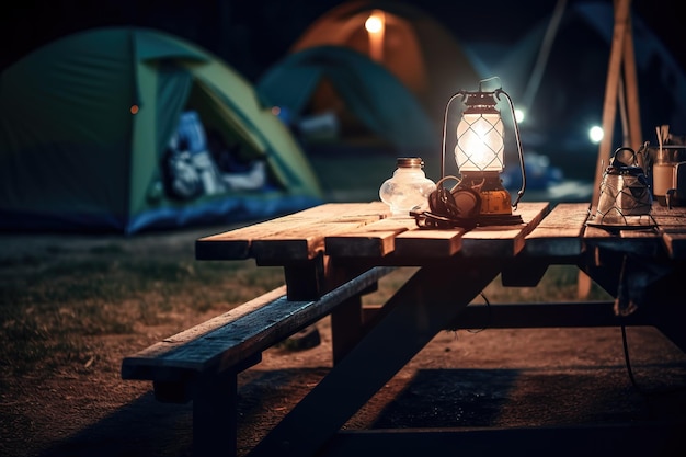 Offene Lagerzelte im Freien verfügen über offene Lagerzelte im Freien mit Planen oder Mängeln auf dem Rasenplatz mit dunkelblauem Himmel in der Dämmerung, Familienurlaub und Picknicks während der Ferien und Familientouristen beim Camping