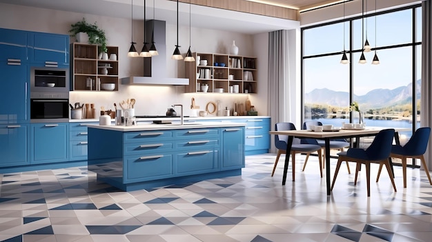 Offene moderne blau-weiße Küche mit Fliesenboden