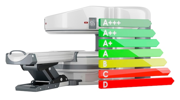 Offene MRT-Maschine mit Energieeffizienzdiagramm 3D-Rendering isoliert auf weißem Hintergrund