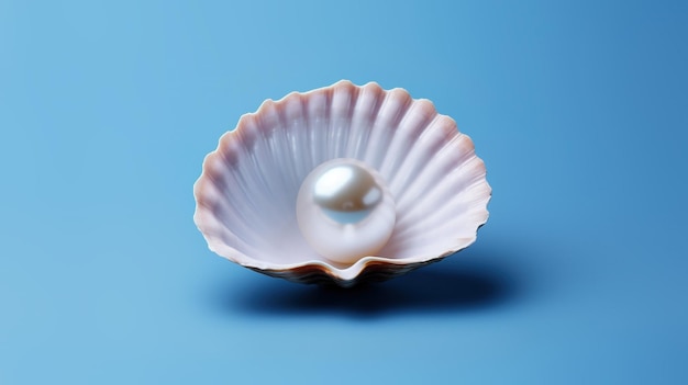 Offene Muschel mit einer Perle im Inneren auf einem sauberen blauen Hintergrund