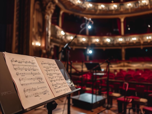 Offene Musikpartitur in Erwartung einer symphonischen Aufführung im Theater