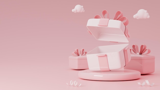 Offene quadratische leere Geschenkbox auf rosa glänzendem Podium mit Kopierraum 3D-Rendering