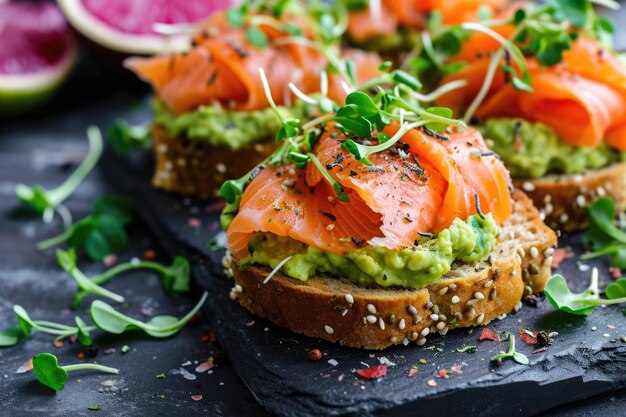 Offene Sandwiches mit gesalzenem Lachs, Guacamole, Avocado und Microgreens. Gesunde Ernährung