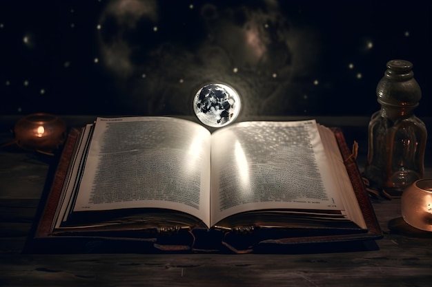 Offene Seiten des alten magischen Buches Astrologie Sternzeichen esoterisches Konzept Generative KI