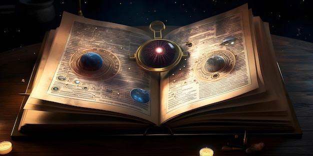 Offene Seiten des alten magischen Buches Astrologie Sternzeichen esoterisches Konzept Generative KI