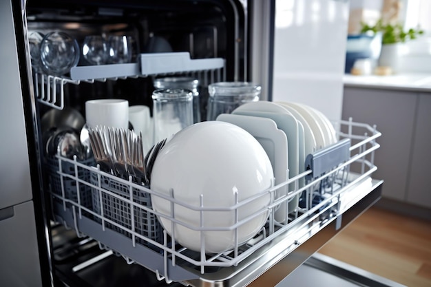 Offene Spülmaschine mit sauberen Glasbechern, Tellern und Geschirr. Generative KI-Illustration