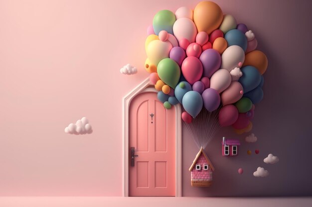 Offene Tür mit bunten Luftballons und Haus an rosa Wand Generative KI