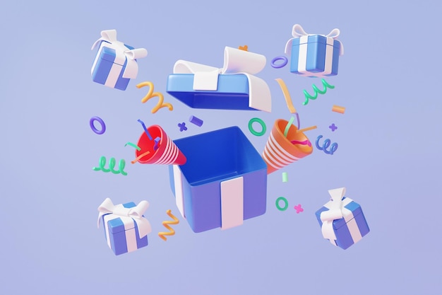 Offene überraschungsgeschenkbox feierkonfetti mit partypopper bunter glückwunsch neujahr festlich schwebend auf pastellhintergrund cartoon minimaler weihnachtsspielspaß 3d-rendering illustration