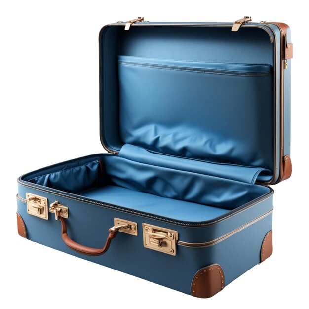 Offener blauer Koffer isoliert auf weißem Hintergrund