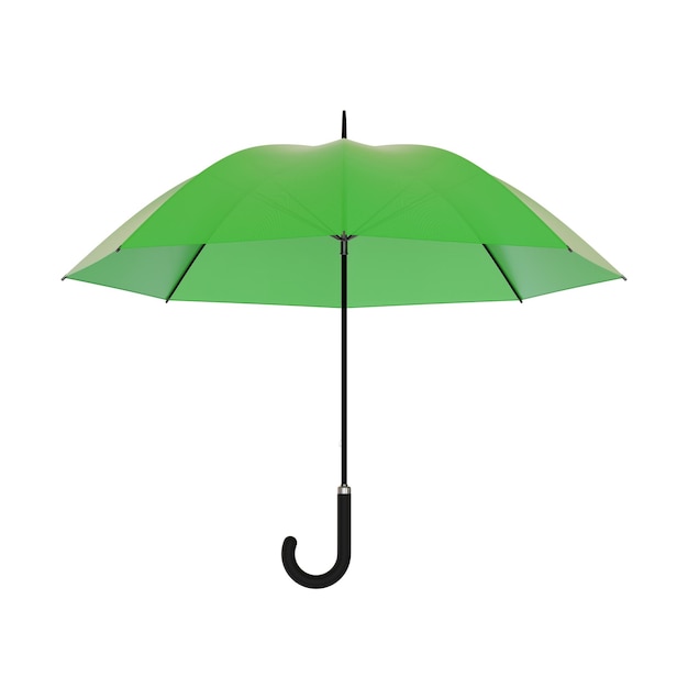 Offener grüner Regenschirm mit schwarzem Griff auf weißem Hintergrund