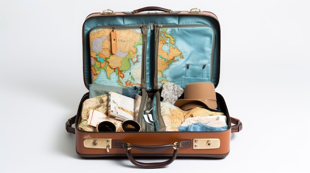 Offener Koffer, der Reiseausrüstung und Ressourcen für die Fernarbeit enthüllt