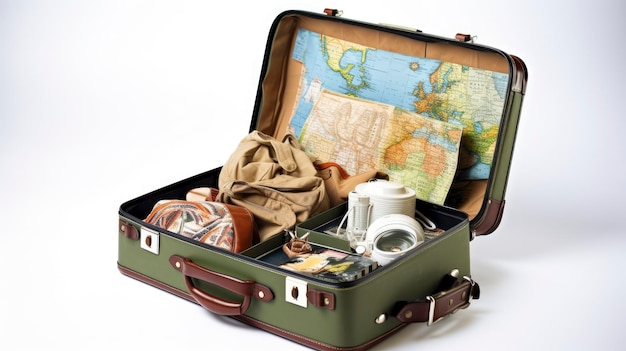 Foto offener koffer mit reiseausrüstung und den besten ländern für digitale nomaden