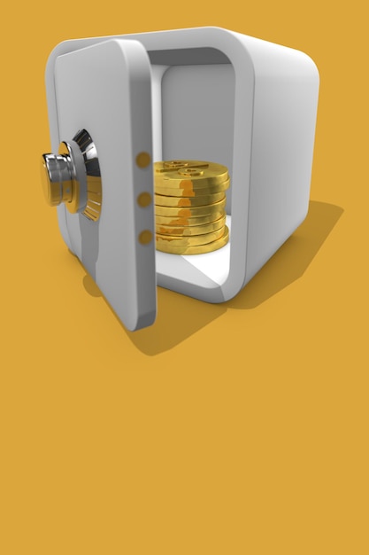 Offener Safe auf gelbem Hintergrund mit Münzen im Inneren. Die Anhäufung von Zinsen