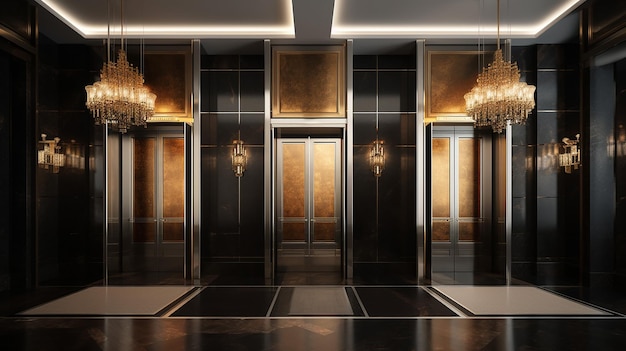Offener und geschlossener eleganter Aufzug in der Lobby