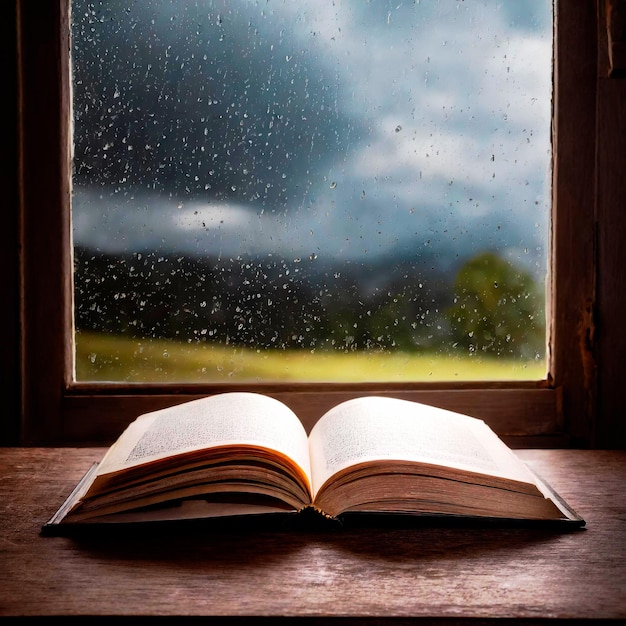 Offenes Buch auf einem Tisch in der Nähe eines Fensters mit regnerischem Himmel