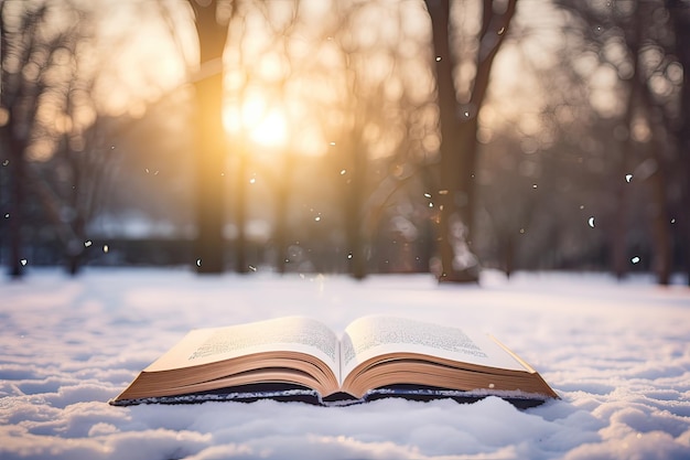 Offenes Buch im Schnee im Park im Winter bei Sonnenuntergang
