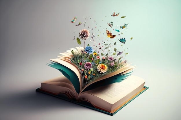 Offenes Buch mit fantastischer Levitation, leuchtenden bunten Blumen spritzen