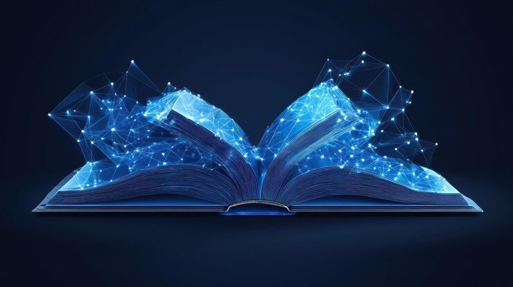 Offenes Buch mit leuchtenden digitalen Partikeln