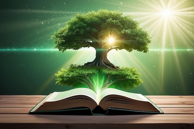 Offenes Buch mit magischem grünem Baum und Lichtstrahlen auf einem Holzdeck