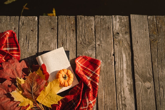 Offenes Buch mit orangefarbenem Kürbisstrauß aus Herbstblättern mit einem Plaid auf Holzhintergrund