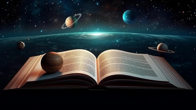 Offenes Buch mit Planeten und Sternen im Weltraum, generative KI