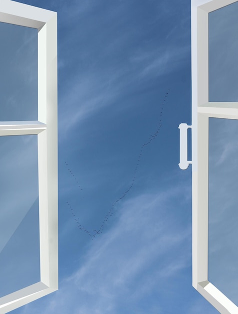 Offenes Fenster zum blauen Himmel mit weißen Wolken