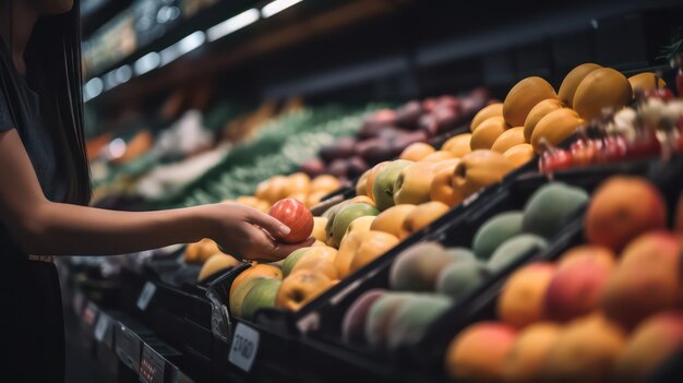 Offenes Foto einer Frau, die Lebensmittel, Obst und Gemüse im Supermarkt kauft