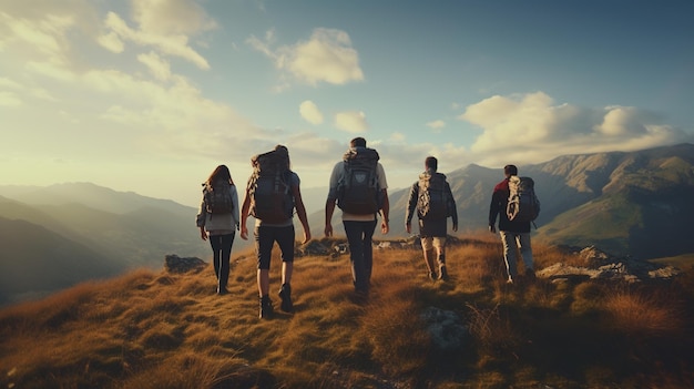 Offenes Foto von Freunden, die zusammen in den Bergen wandern Abenteuerreise-Konzept