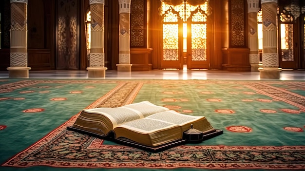 Offenes islamisches heiliges Buch auf dem Teppich