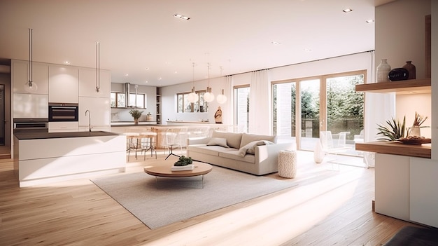 Offenes Wohnzimmer mit weißer Küche und einer gemütlichen Terrasse mit weißem Kamin Generative KI-Technologie
