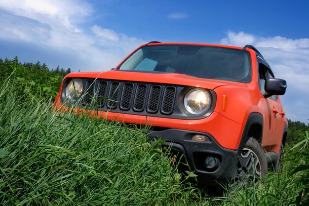 Offroad-Auto 4x4 auf grünem Gras, Nahaufnahme Reisen mit dem Auto in freier Wildbahn