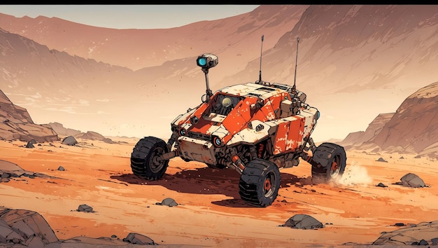 Foto offroad-auto fährt in der trockenen wüste robotikfahrzeug auto-illustration