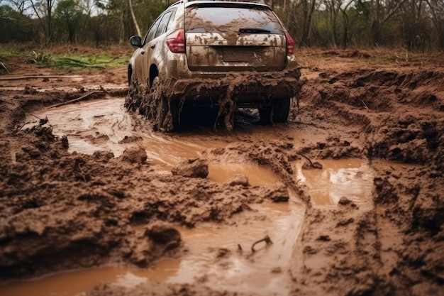 Foto offroad-fahrt auf schmutziger waldstraße das auto fährt durch schlamm crosscountry-fähigkeitsprüfungen moderner autos