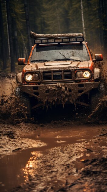 Foto offroad-fahrzeug 4x4 auf einer schlammigen straße im wald