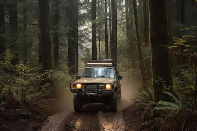 Offroad-Fahrzeug fährt durch einen Wald, umgeben von hoch aufragenden Bäumen, die mit generativer KI erstellt wurden