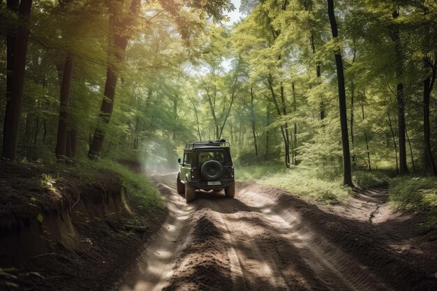 Offroader dirigindo através de floresta exuberante em um dia ensolarado criado com AI generativa