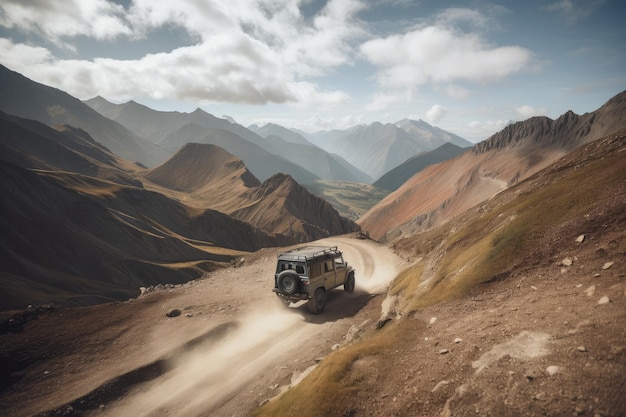 Offroader erklimmt einen Gebirgspass mit atemberaubender Landschaft im Hintergrund, erstellt mit generativer KI