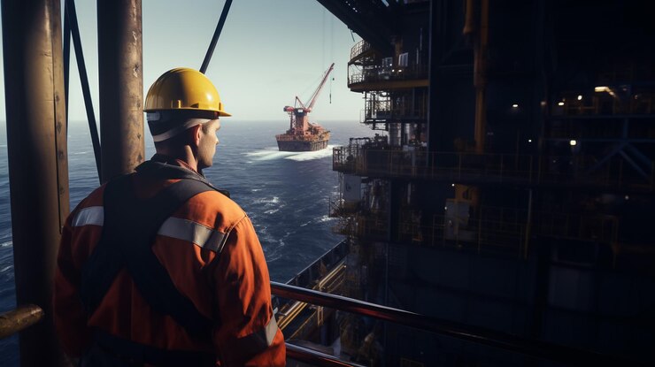 Offshore Jack Up Rig en medio del mar al atardecer