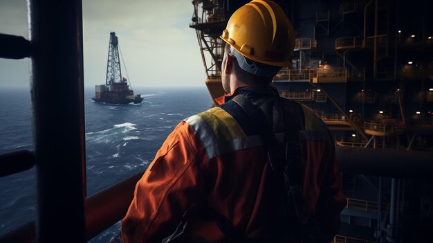 Offshore Jack Up Rig mitten im Meer bei Sonnenuntergang