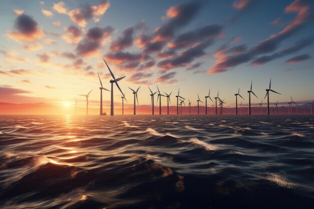 Offshore-Windkraftanlagen sind Teil erneuerbarer und sauberer Energie vor dem morgendlichen unruhigen Meereshintergrund